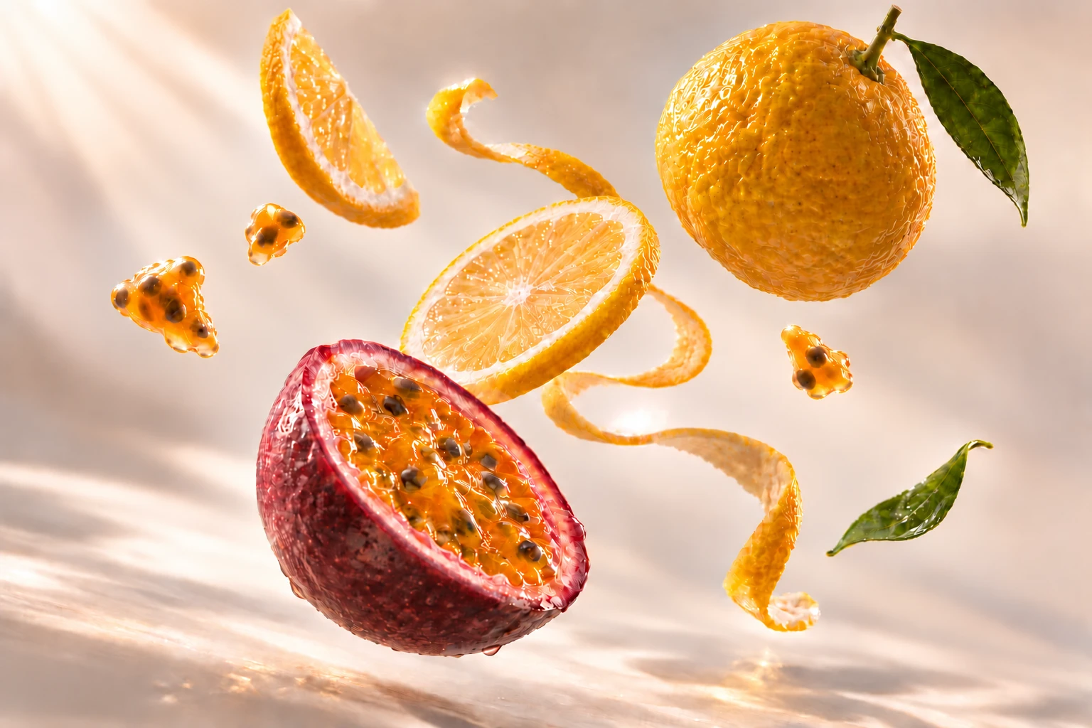 Textured yellow yuzu and an open purple passionfruit with glossy golden pulp